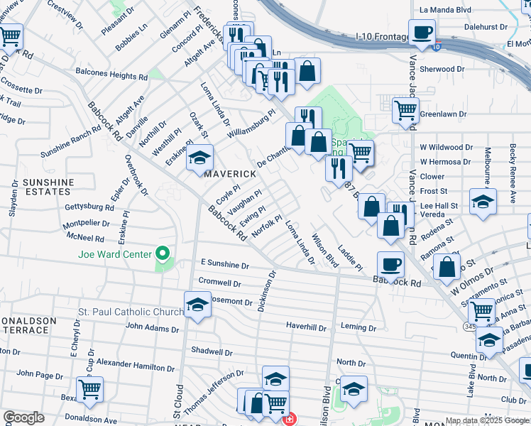 map of restaurants, bars, coffee shops, grocery stores, and more near 111 Ewing Place in San Antonio
