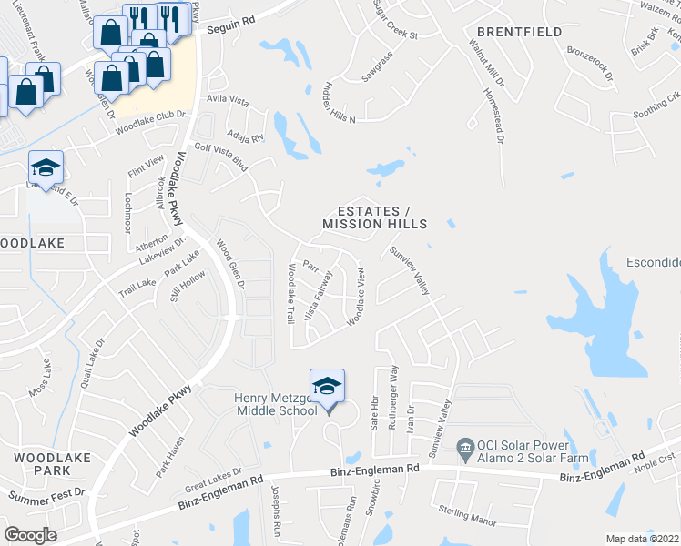 map of restaurants, bars, coffee shops, grocery stores, and more near 5107 Woodlake Point in San Antonio