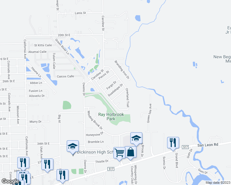 map of restaurants, bars, coffee shops, grocery stores, and more near 5720 Guadalupe Drive in Dickinson