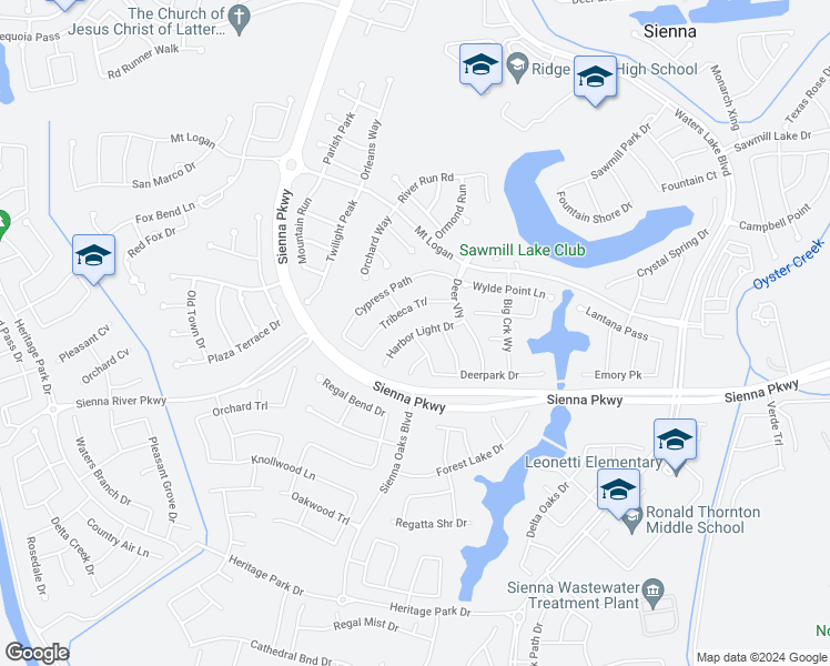 map of restaurants, bars, coffee shops, grocery stores, and more near Harbor Light Drive in Sienna Plantation