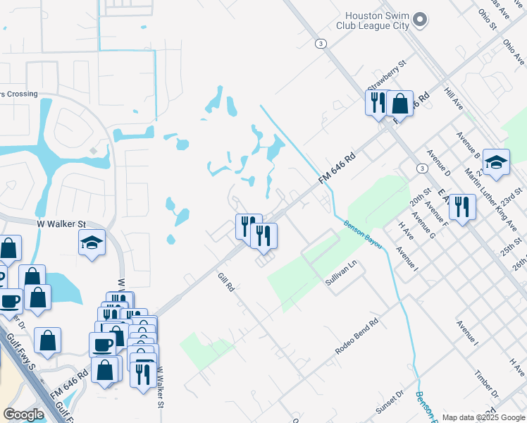 map of restaurants, bars, coffee shops, grocery stores, and more near 545 Farm to Market Road 646 in Dickinson