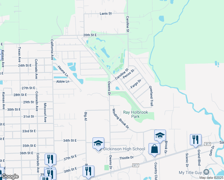 map of restaurants, bars, coffee shops, grocery stores, and more near 2511 Owens Drive in Dickinson