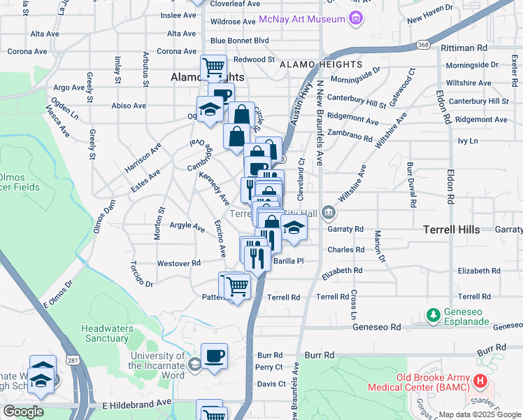 map of restaurants, bars, coffee shops, grocery stores, and more near Broadway St & Arcadia Pl in Alamo Heights