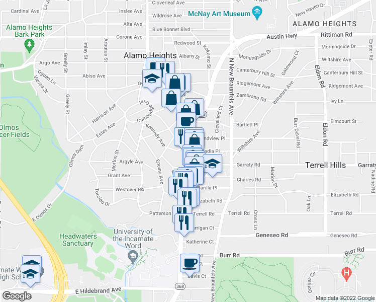map of restaurants, bars, coffee shops, grocery stores, and more near 110 Kennedy Avenue in San Antonio