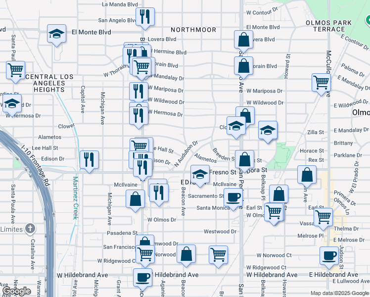map of restaurants, bars, coffee shops, grocery stores, and more near 431 North Audubon Drive in San Antonio
