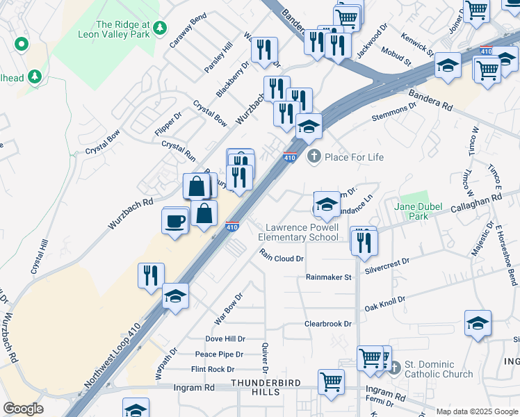 map of restaurants, bars, coffee shops, grocery stores, and more near 6218 Tom Tom Street in San Antonio