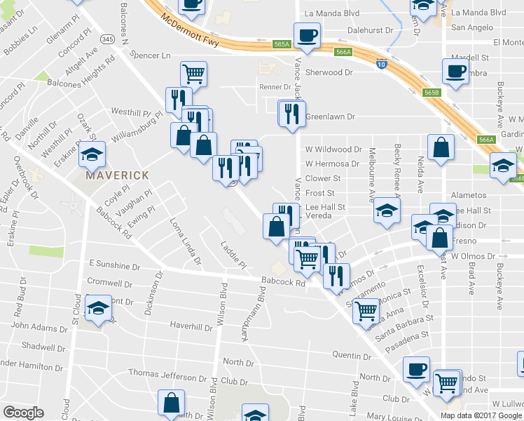 map of restaurants, bars, coffee shops, grocery stores, and more near 3440 Fredericksburg Road in San Antonio