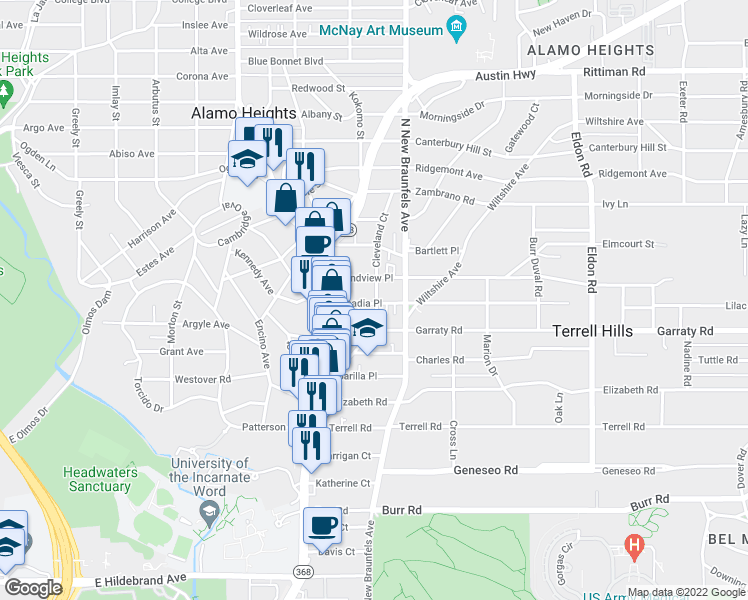 map of restaurants, bars, coffee shops, grocery stores, and more near 315 Cleveland Court in San Antonio