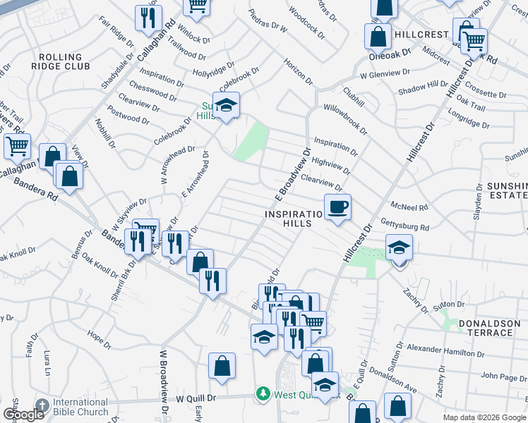map of restaurants, bars, coffee shops, grocery stores, and more near 211 Sunnycrest Drive in San Antonio