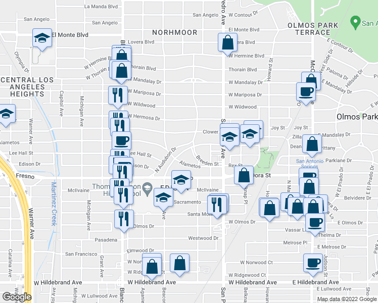 map of restaurants, bars, coffee shops, grocery stores, and more near 410 South Audubon Drive in San Antonio