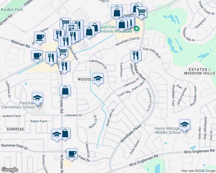 map of restaurants, bars, coffee shops, grocery stores, and more near 6906 Twin Lake Drive in San Antonio