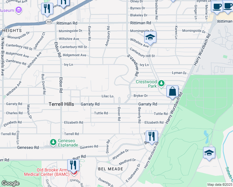 map of restaurants, bars, coffee shops, grocery stores, and more near 803 Garraty Hill in Terrell Hills