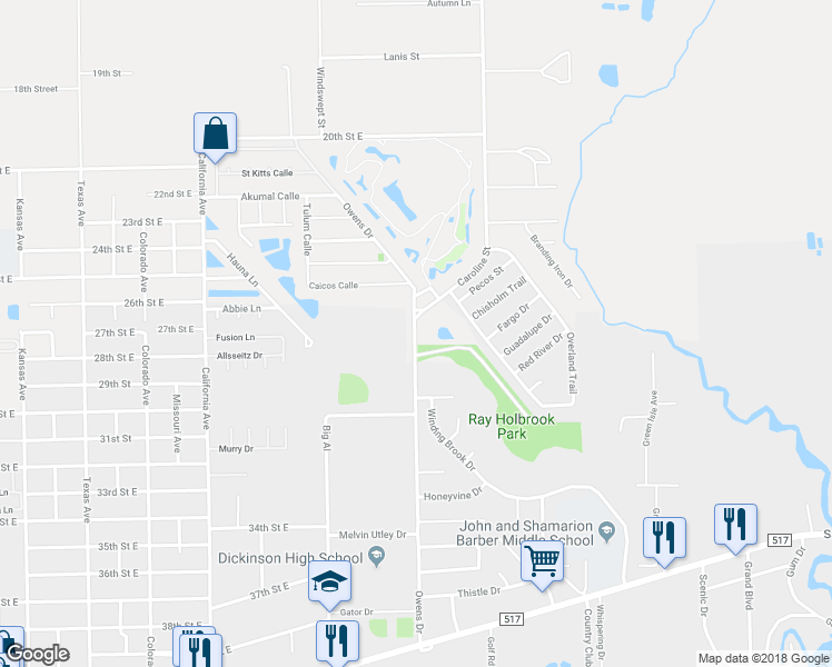 map of restaurants, bars, coffee shops, grocery stores, and more near 2511 Owens Drive in Dickinson
