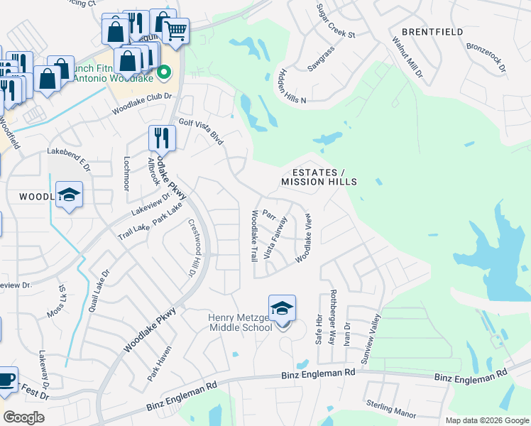 map of restaurants, bars, coffee shops, grocery stores, and more near 5203 Golf Tee Court in San Antonio