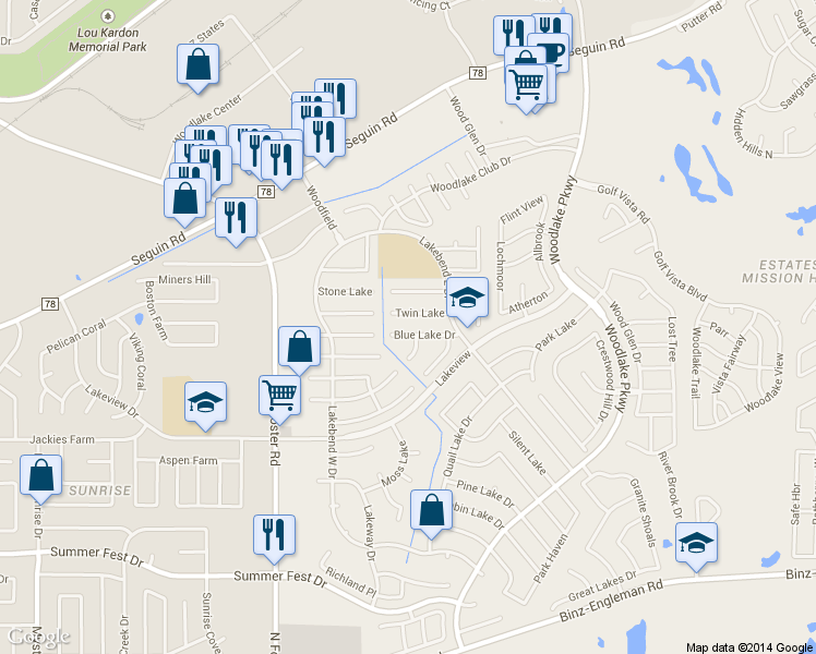 map of restaurants, bars, coffee shops, grocery stores, and more near 6826 Twin Lake Drive in San Antonio