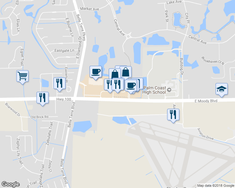 map of restaurants, bars, coffee shops, grocery stores, and more near 5234 Highway 100 in Palm Coast