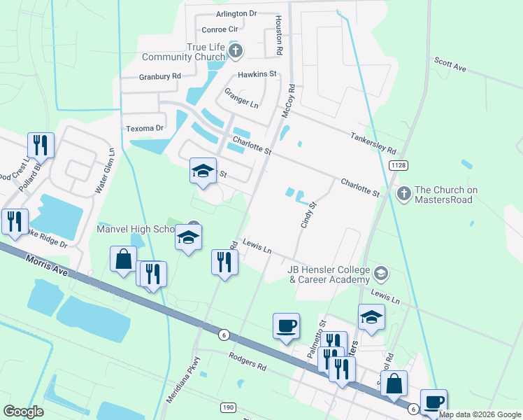 map of restaurants, bars, coffee shops, grocery stores, and more near 6911 McCoy Road in Manvel
