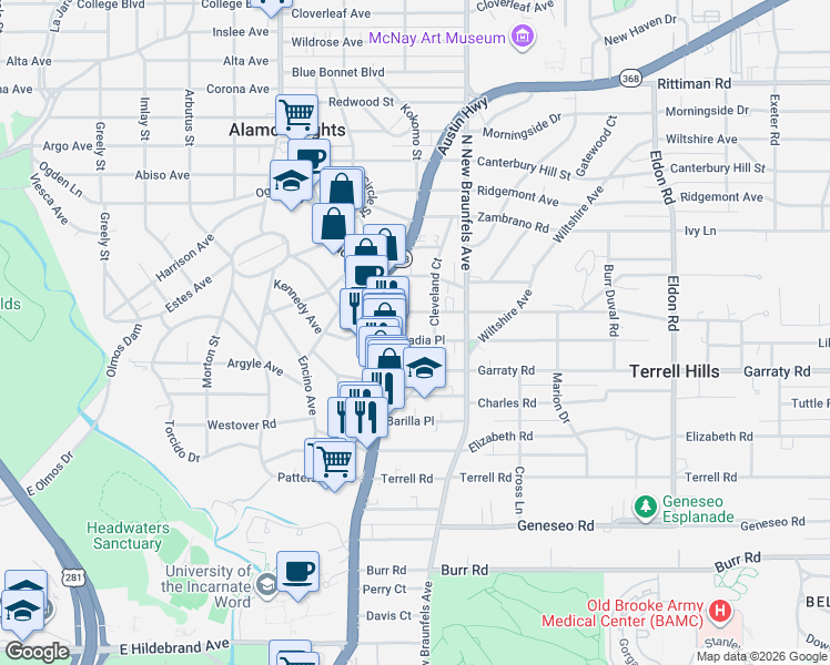 map of restaurants, bars, coffee shops, grocery stores, and more near 134 Grandview Place in Alamo Heights