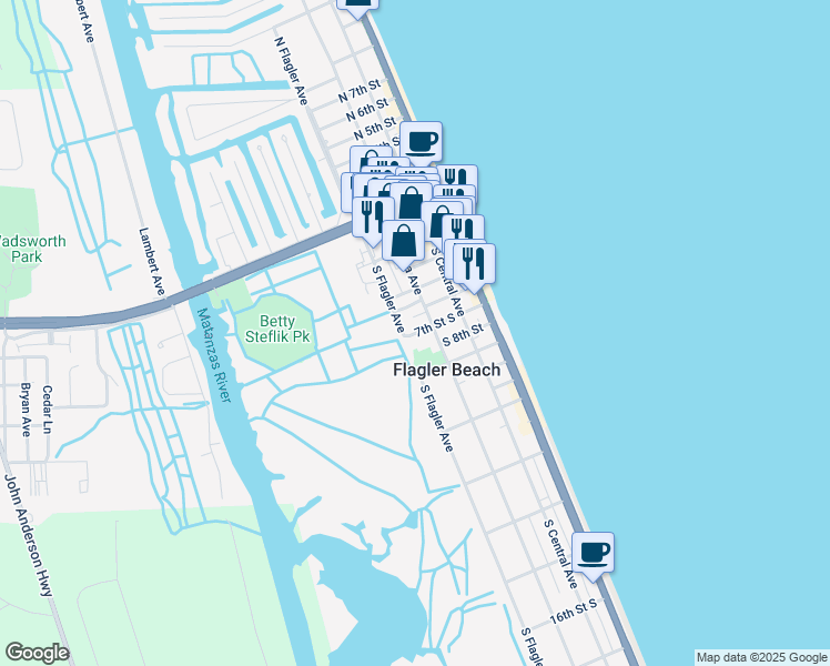 map of restaurants, bars, coffee shops, grocery stores, and more near 1 7th Street South in Flagler Beach