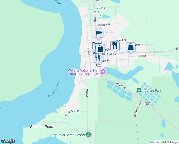 map of restaurants, bars, coffee shops, grocery stores, and more near 59 Mc Clure Street in Welaka