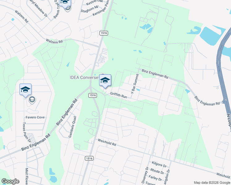 map of restaurants, bars, coffee shops, grocery stores, and more near 9107 Griffith Run in Converse
