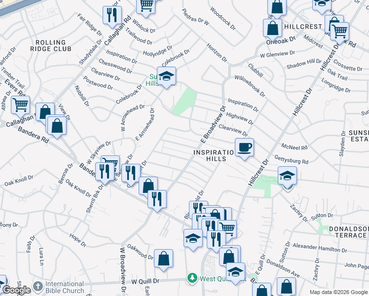 map of restaurants, bars, coffee shops, grocery stores, and more near 211 Sunnycrest Drive in San Antonio