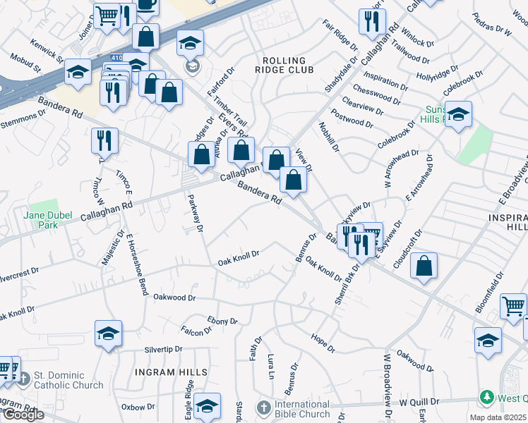 map of restaurants, bars, coffee shops, grocery stores, and more near 5042 Wildflower Drive in San Antonio