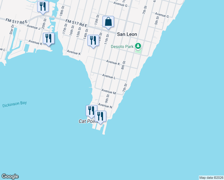 map of restaurants, bars, coffee shops, grocery stores, and more near 1239 9th Street in San Leon