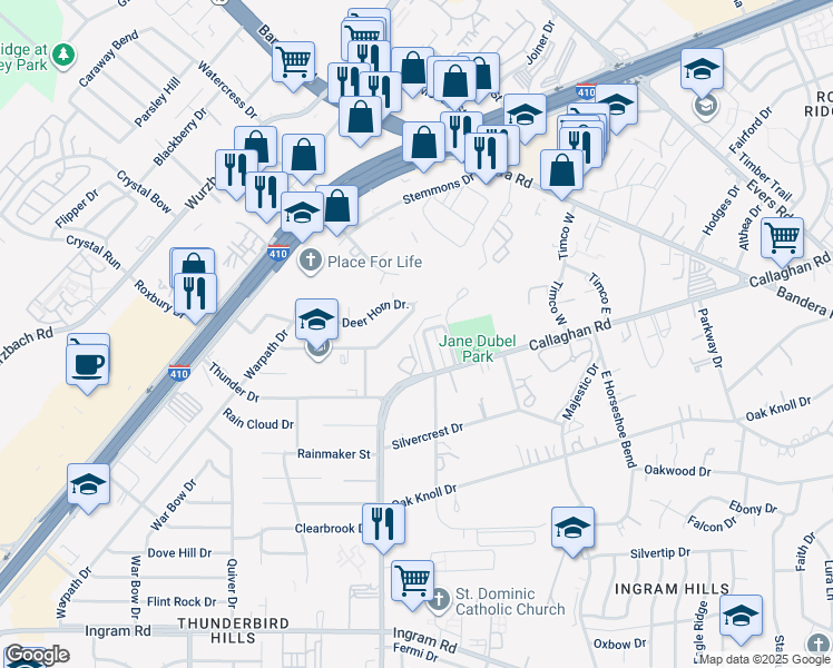 map of restaurants, bars, coffee shops, grocery stores, and more near 4437 Shakertown in San Antonio
