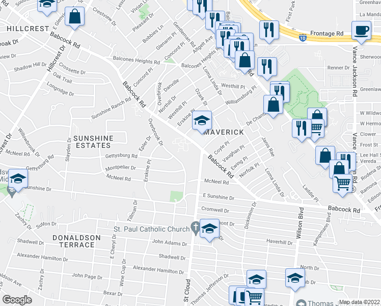 map of restaurants, bars, coffee shops, grocery stores, and more near 602 Babcock Road in San Antonio