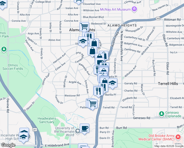map of restaurants, bars, coffee shops, grocery stores, and more near 133 Kennedy Avenue in Alamo Heights