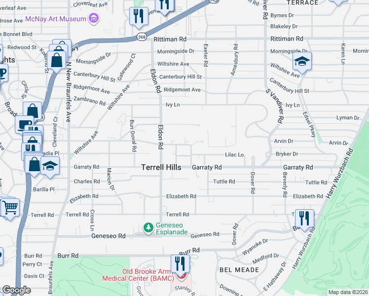 map of restaurants, bars, coffee shops, grocery stores, and more near 740 Grandview Place in San Antonio