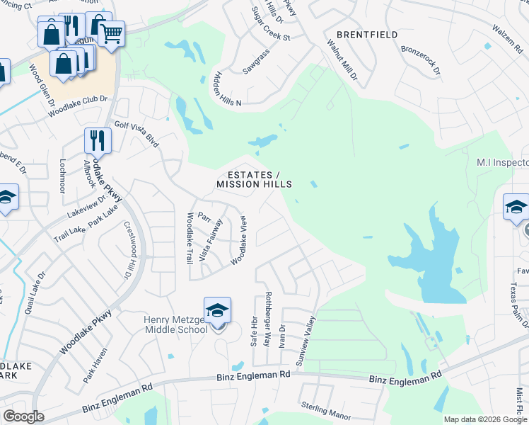 map of restaurants, bars, coffee shops, grocery stores, and more near 5114 Mustang Cove in San Antonio