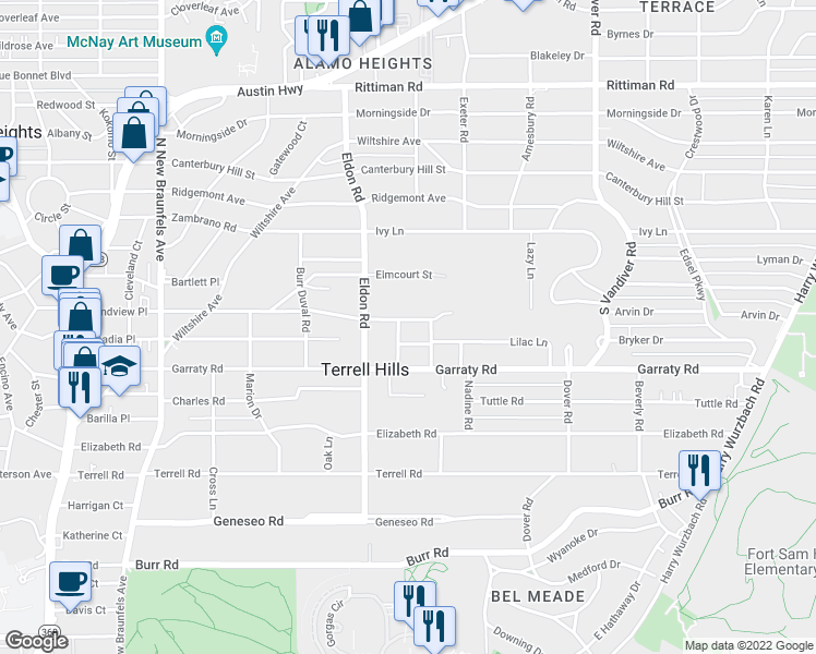 map of restaurants, bars, coffee shops, grocery stores, and more near 740 Grandview Place in San Antonio