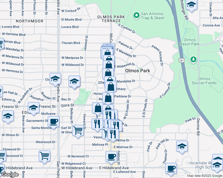 map of restaurants, bars, coffee shops, grocery stores, and more near 107 Brittany in San Antonio