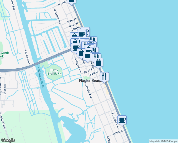 map of restaurants, bars, coffee shops, grocery stores, and more near 220 7th Street South in Flagler Beach