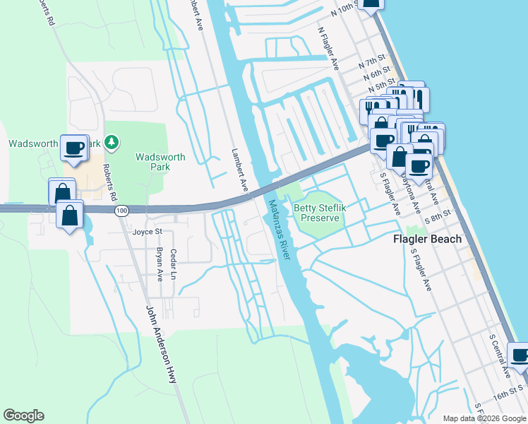 map of restaurants, bars, coffee shops, grocery stores, and more near 109 Palm Drive in Flagler Beach