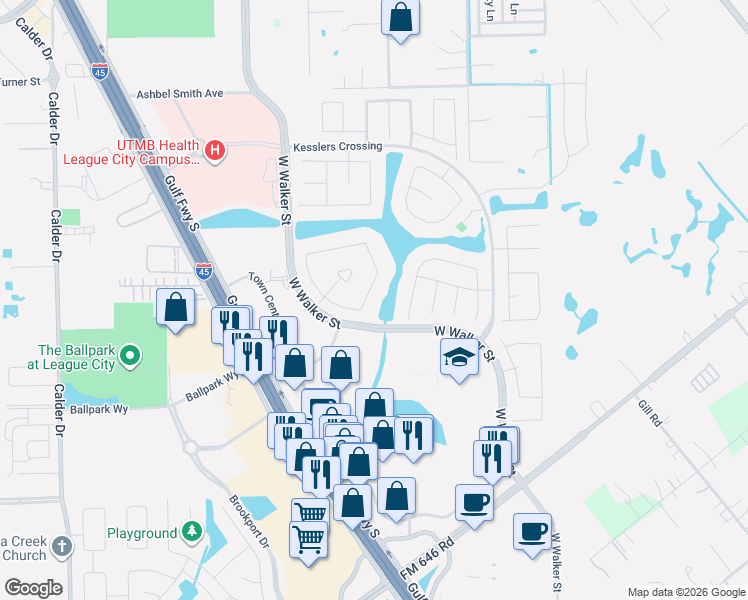 map of restaurants, bars, coffee shops, grocery stores, and more near 1537 Sara Lane in League City