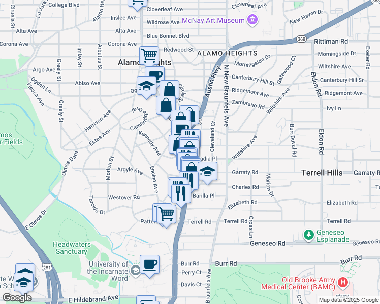 map of restaurants, bars, coffee shops, grocery stores, and more near 5314 Broadway in Alamo Heights