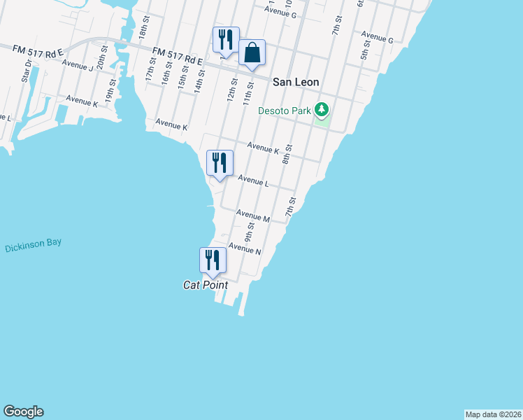 map of restaurants, bars, coffee shops, grocery stores, and more near 1239 9th Street in San Leon