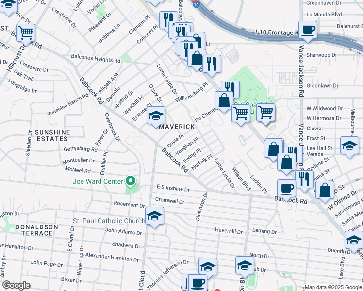 map of restaurants, bars, coffee shops, grocery stores, and more near 135 Vaughan Place in San Antonio