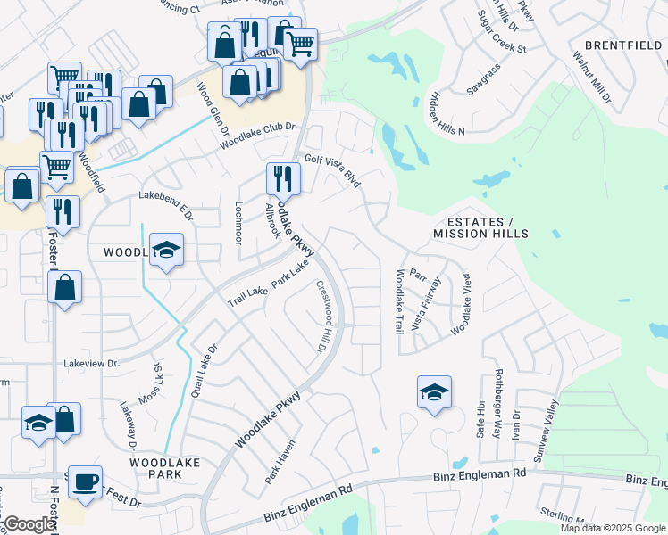 map of restaurants, bars, coffee shops, grocery stores, and more near 5307 Wood Glen Drive in San Antonio
