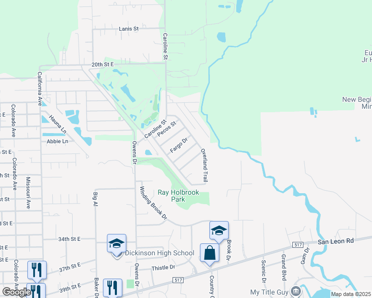 map of restaurants, bars, coffee shops, grocery stores, and more near 5801 Guadalupe Drive in Dickinson