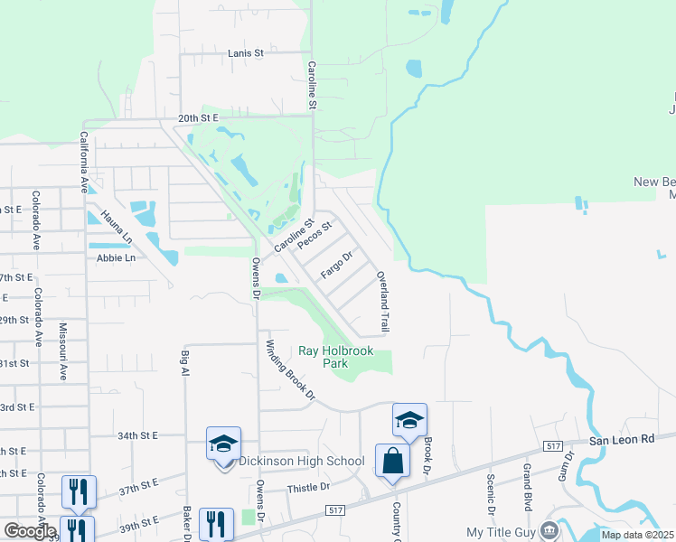 map of restaurants, bars, coffee shops, grocery stores, and more near 5801 Guadalupe Drive in Dickinson