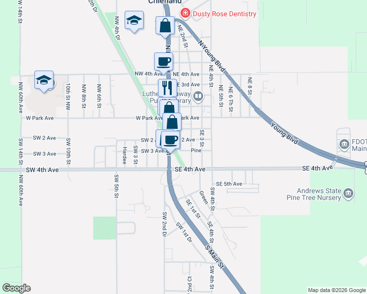 map of restaurants, bars, coffee shops, grocery stores, and more near 217 Southeast 1st Street in Chiefland
