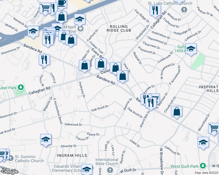 map of restaurants, bars, coffee shops, grocery stores, and more near 5042 Wildflower Drive in San Antonio