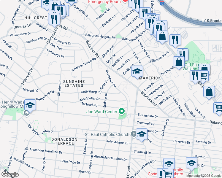 map of restaurants, bars, coffee shops, grocery stores, and more near 414 Erskine Place in San Antonio