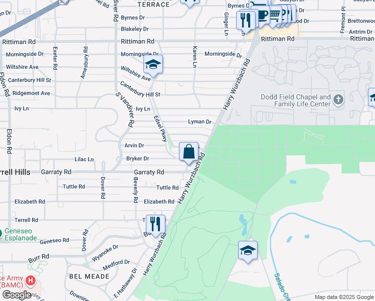 map of restaurants, bars, coffee shops, grocery stores, and more near 216 Arvin Drive in San Antonio
