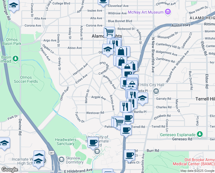 map of restaurants, bars, coffee shops, grocery stores, and more near 326 Encino Avenue in Alamo Heights