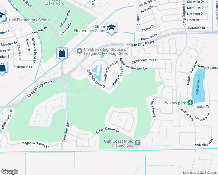 map of restaurants, bars, coffee shops, grocery stores, and more near 1150 Magnolia Trace Drive in League City